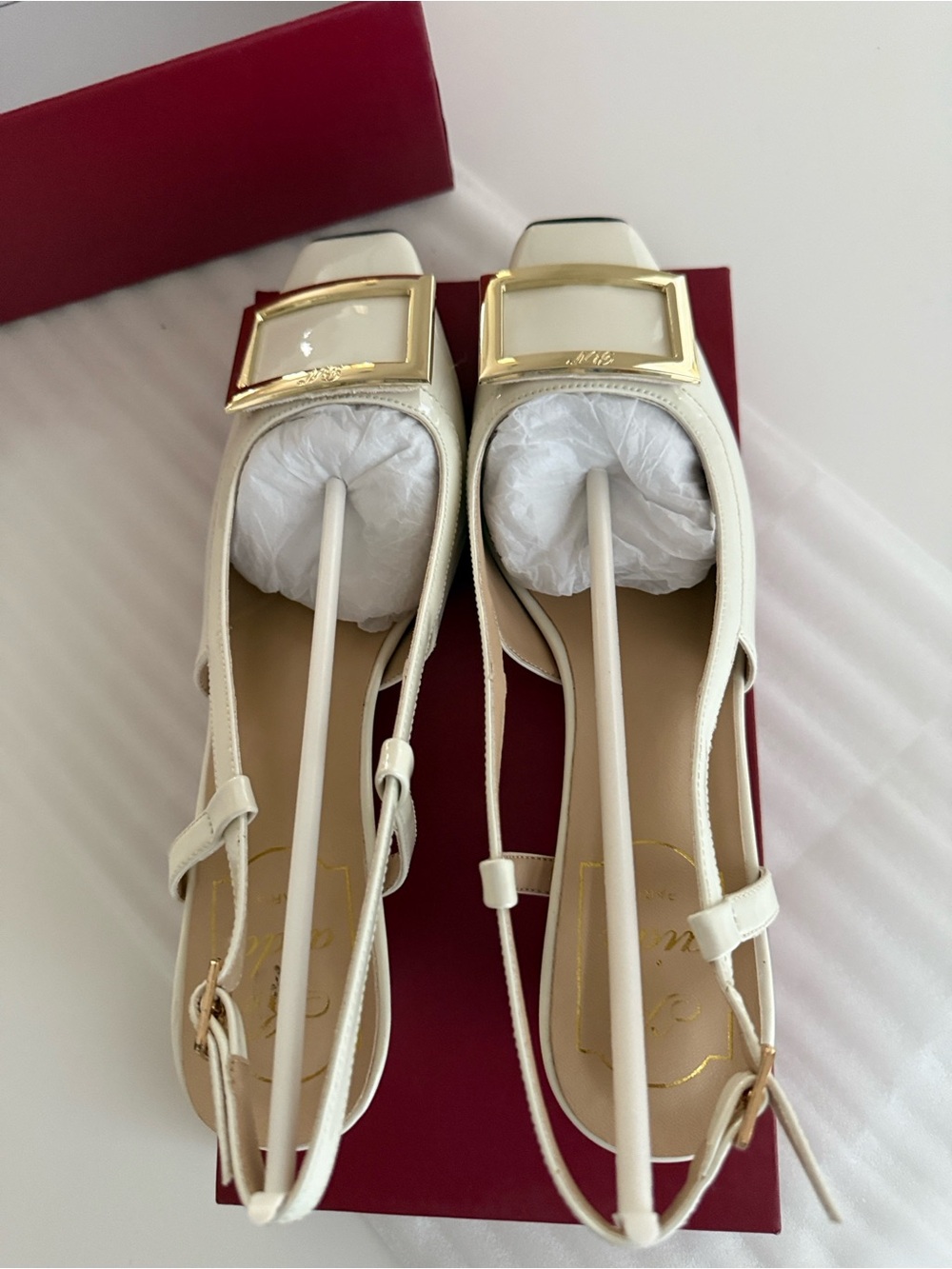 Roger Vivier Cream Slingback Flats with Gold Buckle
